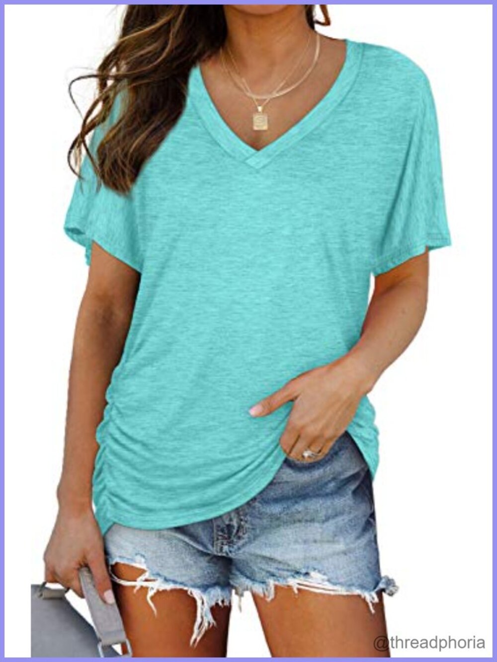 Womens Short Sleeve V Neck Dolman Top Side Shirring Loose Fit T-Shirt